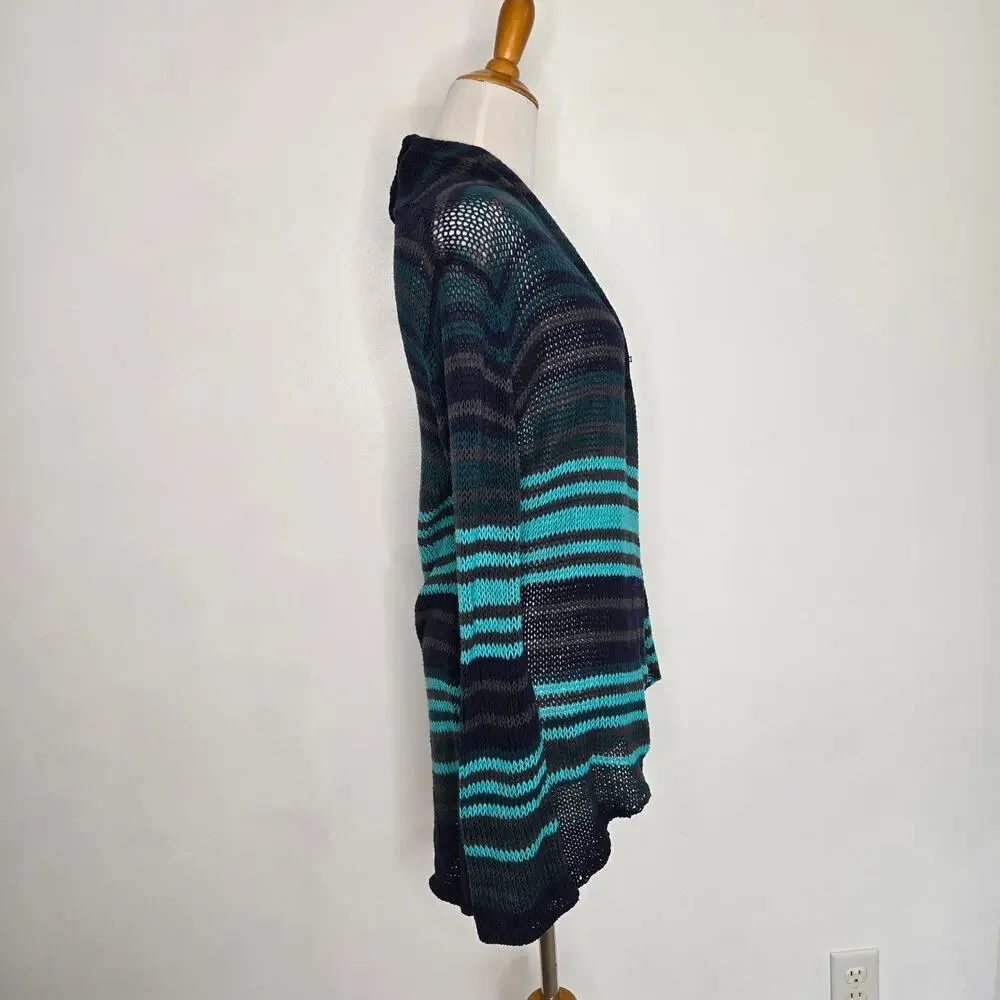 Wooden Ships Open Knit Cardigan Open front Striped Blue Lightweight Women M/L